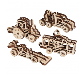 Ugears 3D dřevěné mechanické puzzle 4 mechanické přívěšky Vozidla