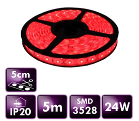 LED pásik - SMD 2835 - 5m - 60LED/m - 4,8 W/m - IP20 - červený