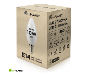 LED žiarovka - ecoPLANET - E14 - 10W - sviečka - 880Lm - teplá biela