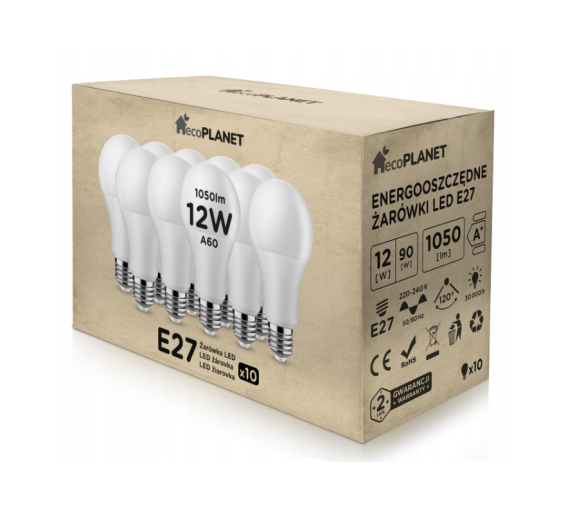 10x LED žiarovka - ecoPLANET - E27 - 12W - 1050Lm - studená biela