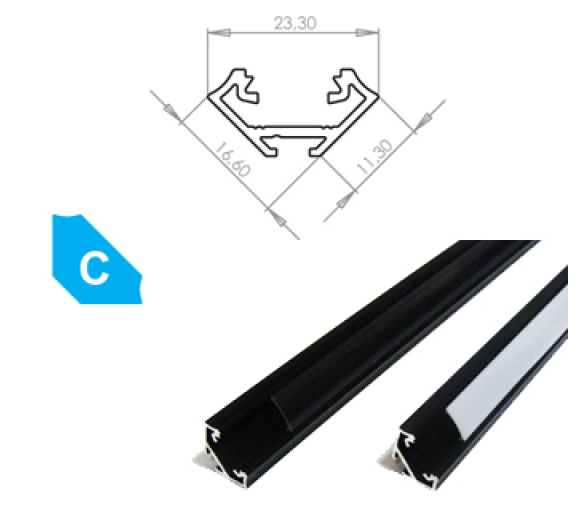Hliníkový Profil pre LED pásiky C Rohový Eloxovaný čierny 2m